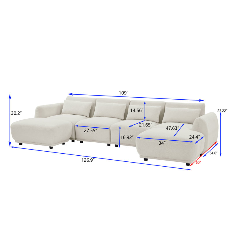 6 - Piece Wool Boucle Fabric Upholstered Sectional Sofa Couch Tight Back With Pillow, White Wool/Polyester Blend