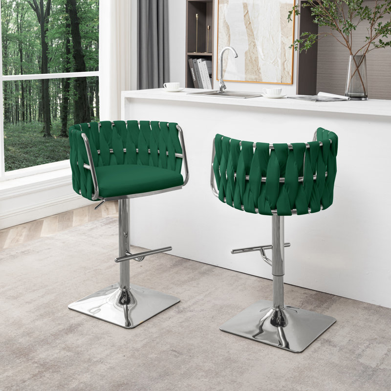 Mancias Swivel Upholstered Adjustable Height Counter Stool, Silver, Velvet Emerald Green