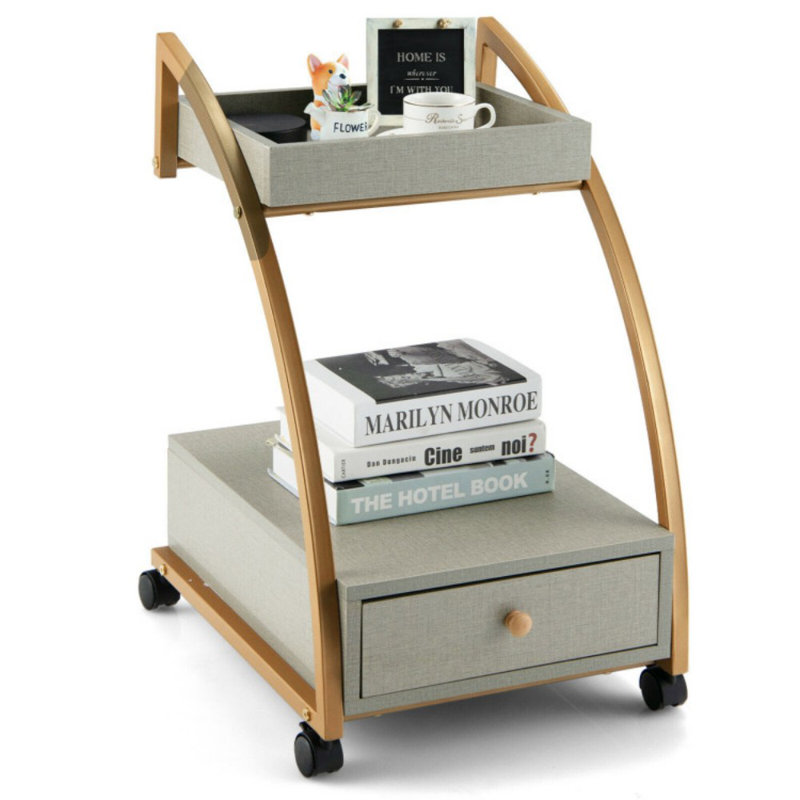Modern 2-Tier Rolling End Table with Tray Top and Pull-Out Drawer