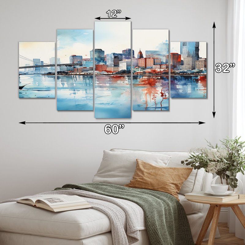 «Golden Gate San Francisco Cityview Watercolor I», impression d'art mural San Francisco - 5 panneaux