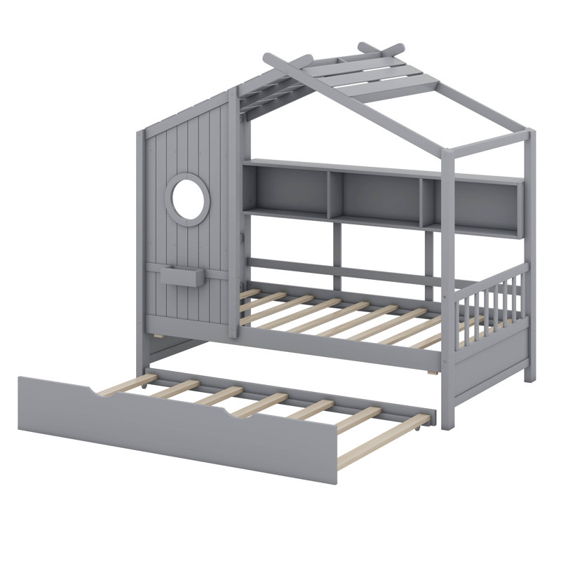 Lit avec lit gigogne et rangement Anallely, Gris, Simple