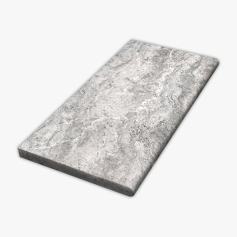Silver Tumbled 12x24 Travertine Thick Bullnose Coping