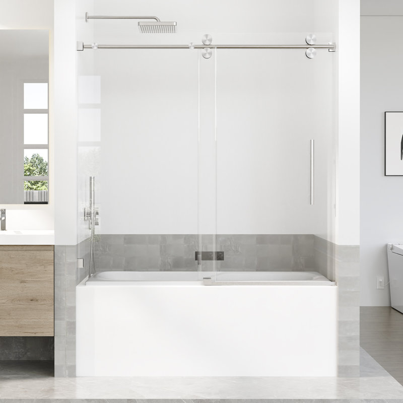 56 à 60 po X P 66 po H Porte de baignoire coulissante simple sans cadre avec Verre trempé transparent, Nickel brossé