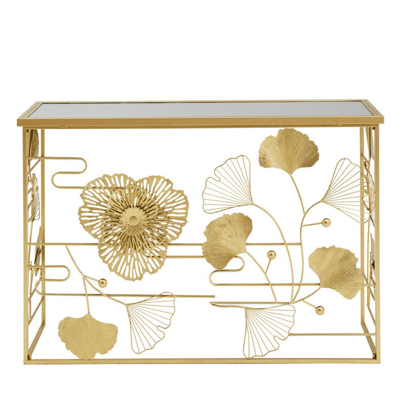 Lenssen Gold Finish Peony And Ginkgo Console Table With Mirror Top