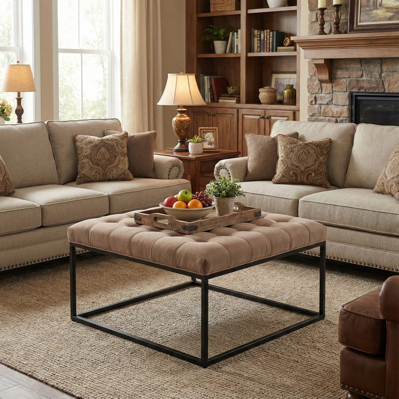 28" Square Button Tufted Metal Ottoman