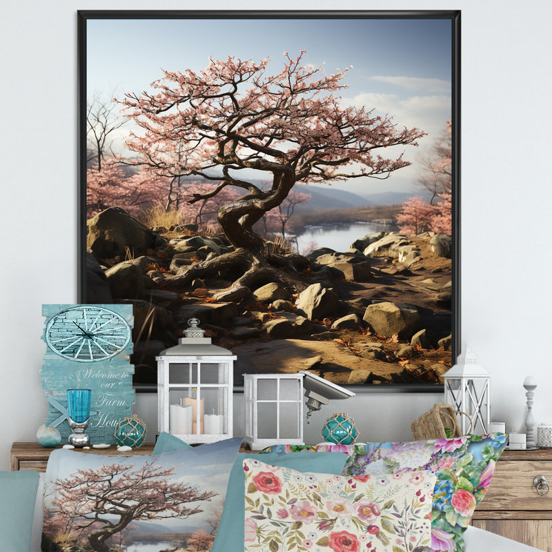 Bonsai serein au Japon sur toile, Cadre flottant noir, 36" H x 36" W