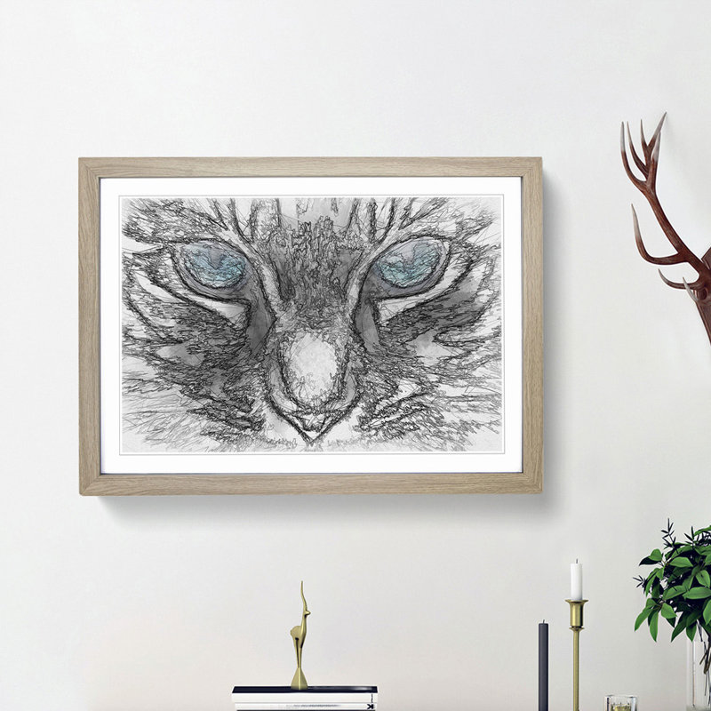 Bright Blue Cat Eyes in Abstract - Picture Frame Painting Print, Oak Framed, 48cm H x 65cm W x 2cm D