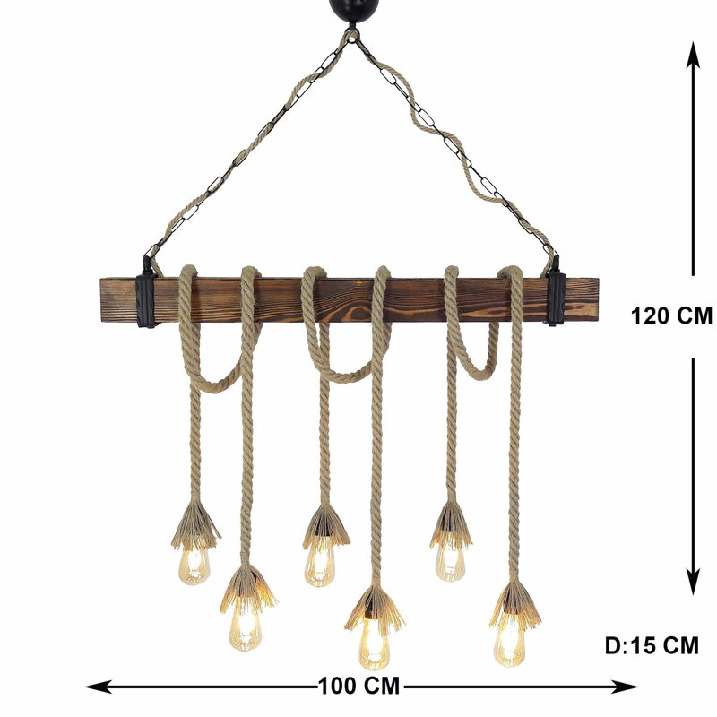 Lustre rustique fait à la main, pin massif, 39,4 x 47,2 x 5,9 pouces | 6 x douilles E27, 40 W maximum | Élégante couleur noyer, design de fantaisie moderne | Parfait pour l'éclairage de la salle à manger, du salon et du vestibule
