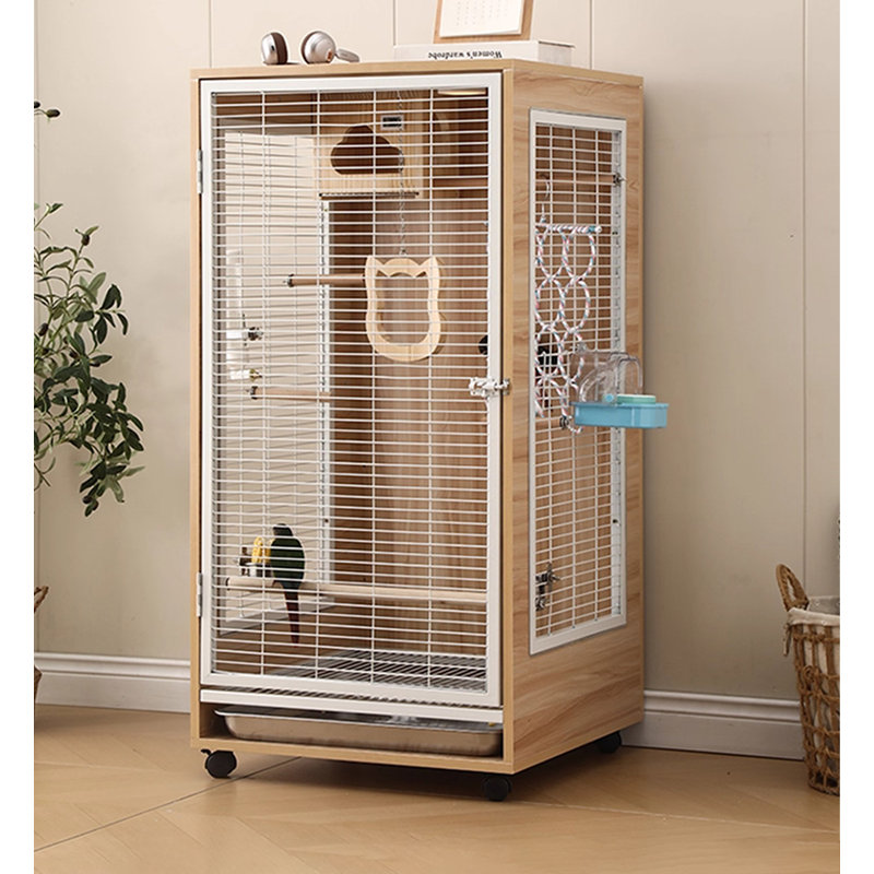 Cage à oiseaux en fil de métal et bois minimaliste, grande volière à perroquet verticale avec bac de bain externe et bac à déchets coulissant
