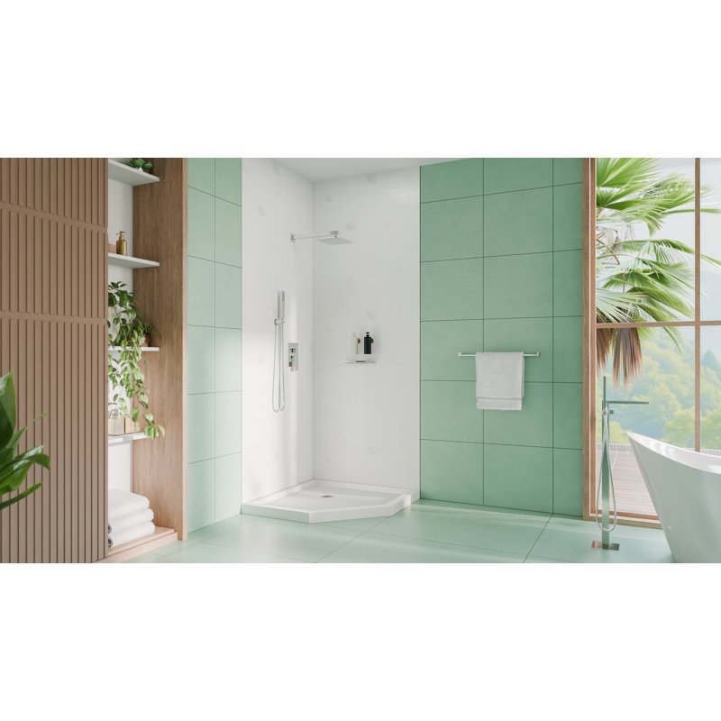 DreamLine SlimLine 36 inch D x 36 inch W x 2 3/4 inch H White Neo-Angle Shower Base with 2 inch Polished Nickel Corner Round Drain