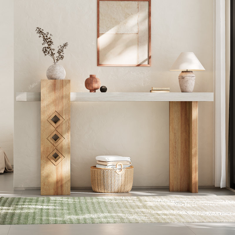 63-Inch Modern Decorative Console Table, Long Wood Entryway Sofa Table, Geometric Cutout Design, Sand-Washed and Natural Oak