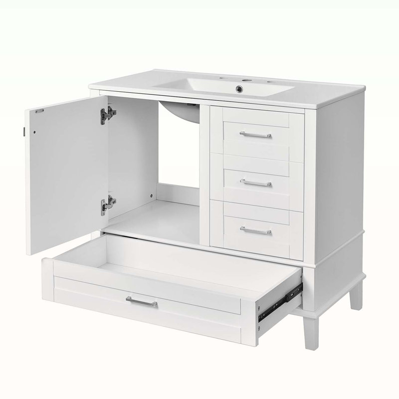 Armoire de rangement de salle de bain avec lavabo et structure en bois, Blanc, Chrome chrome