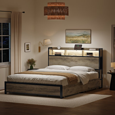  Antioch Queen Bed Frame with 2 Underbed Drawers, Modern Platform Bed with Charging Station & LED Light, Storage Headboard with 2 Bedside Drawers & Open Bookcase Shelves, Grey