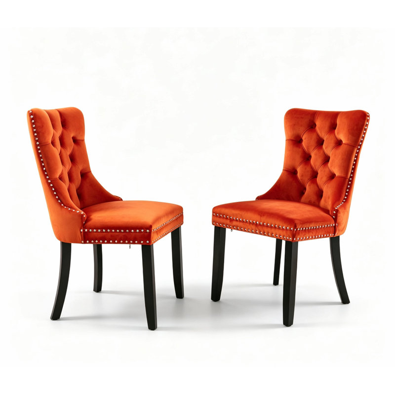 Modern Velvet Wingback Tufted Solid Wood Upholstered Dining Chairs,Orange, Orange, Black