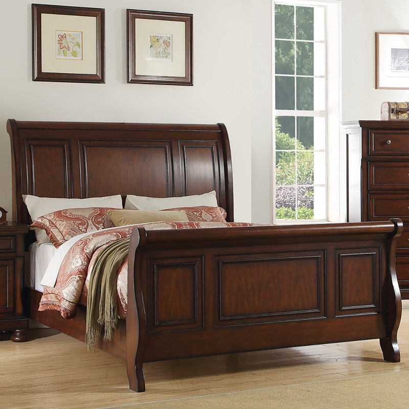 Pine Wood King Sleigh Bed, Cherry Brown, King