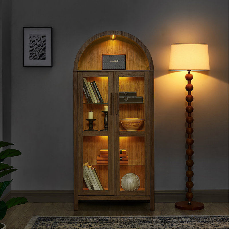 A High Arched Storage Cabinet With A Lamp, A Modern Retro-Style Wooden Storage Cabinet With Adjustable Glass Partitions, Suitable For Use As A Multi-Functional Cabinet In Kitchens