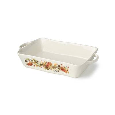 Grand boulanger rectangulaire Autumn Meadows - un plat de cuisson en grès de 16 x 10,25 x 3 pouces, de 150 onces, peint avec des plantes de récolte, conçu pour servir du four à la table à chaque fête.