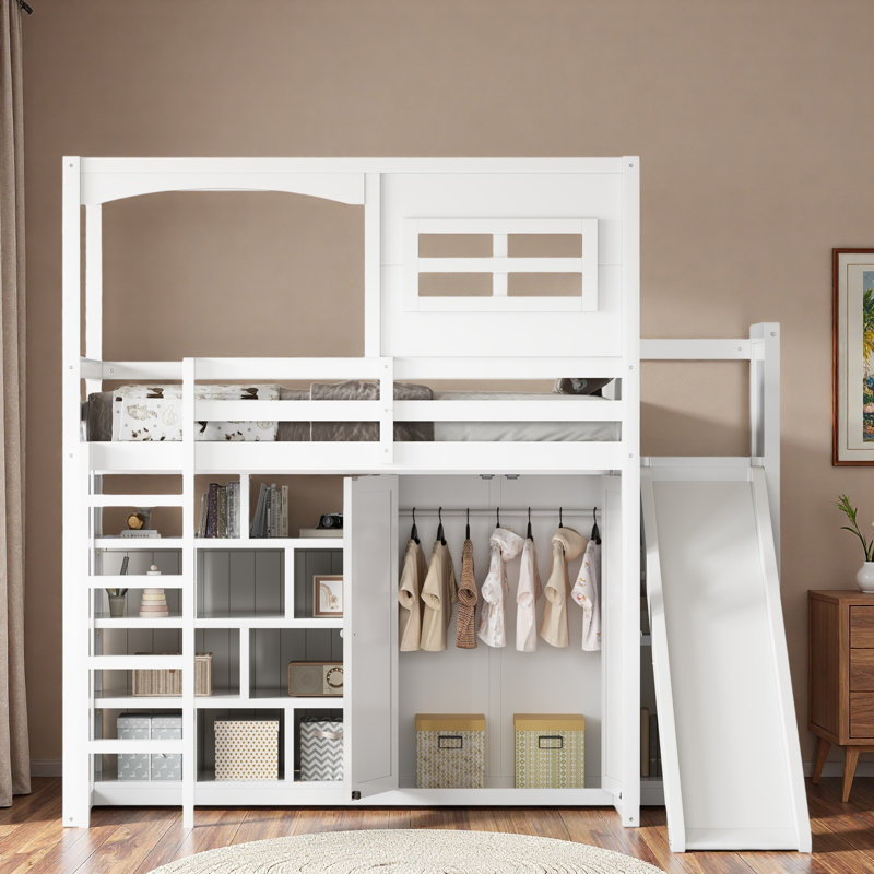 Lit mezzanine en bois avec garde-robe, tablettes de rangement, glissoire et éclairage à DEL