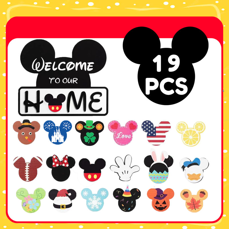 19 Pcs Mickey Welcome Door Sign Interchangeable, Seasonal Wooden Hanging Door Decor