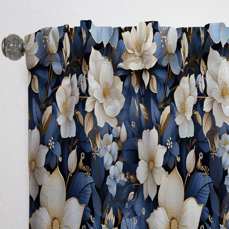 White Blue Nightfall Floral Elegance I - Floral Curtain - Velvet Room darkening - 1 panel, 52" W x 63" L