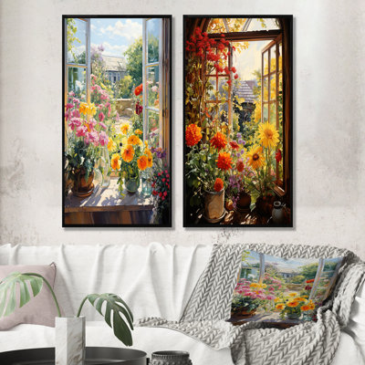 Fleurs d'été, vue de fenêtre à la ferme II - ensemble d'art mural en toile pour fenêtre