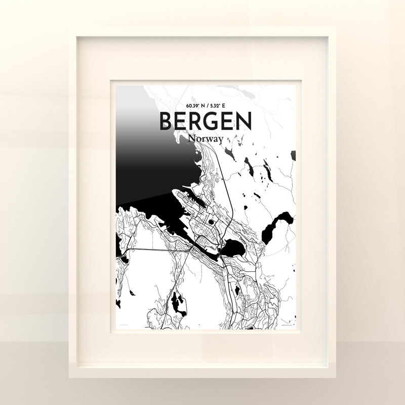 Bergen City Map, impression, Noir et blanc, H 20 po x l 16 po