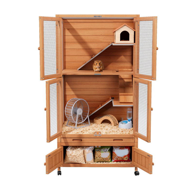 Cage intérieure Chinchilla en bois respirant à 4 niveaux avec roues mobiles et armoire de rangement