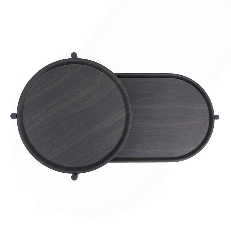 Round Coffee Table With Storage Tray 2 Tier Oval End Tables Wooden Small Side Table For Living Room, Black