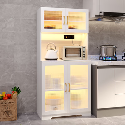 Tall Kitchen Pantry Cabinet With Led Lights & Power Outlet, Freestanding Coffee Bar Storage Unit With Fluted Glass Doors