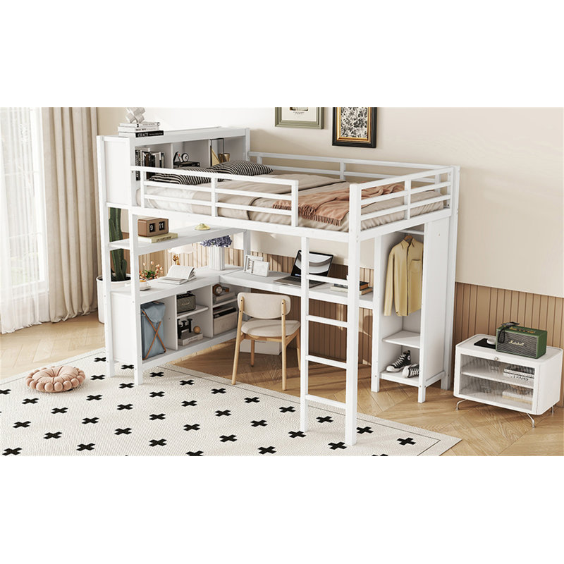 Metal Loft Bed With Wardrobe And L-Shaped Desk, Full Size Loft Bed With Storage Cubes And Shelves, Heavy Duty Loft Bed For Kids Teens Adults