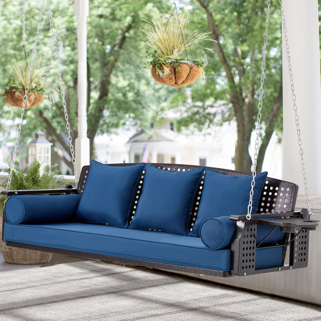 Arlmont & Co. 3-Seat Hanging Porch Swing - Outdoor Patio Bench With Integrated Tea Trays, Luxurious Back Cushions, And Durable Chains For Deck, Garden, And Backyard Relaxation Arlmont & Co. Cushion 