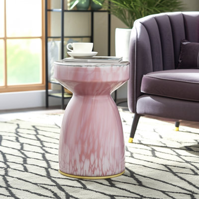 Modern Round Side Table with Artistic Glass Base - Narrow Living Room End Table with Sculptural Design for Stylish Homes - 18", Pink