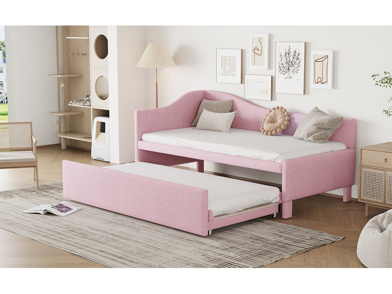 Lit de jour simple tapissier en L rembourré avec couchette escamotable, rose, Rose