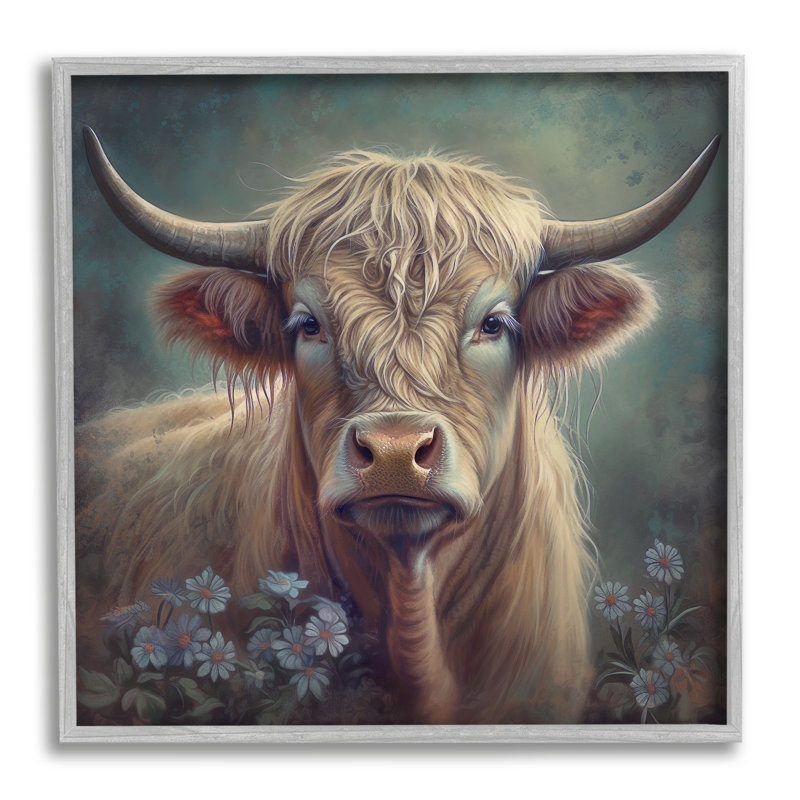 Highland Cow with Daisies White Framed Art Print
