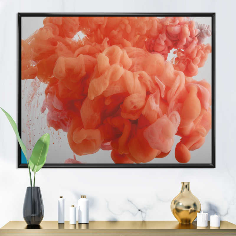 Peinture corail en marbre - art mural moderne sur toile, H 30 po x l 40 po x P 1,5 po, Cadre flottant noir