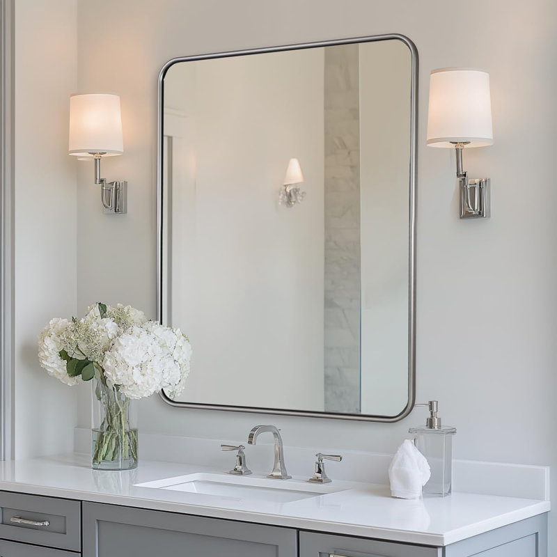 Contemporary Rounded Rectangular Bathroom Vanity Mirror| Aluminum U-Tube Frame, Brushed Nickel, 36" x 30"