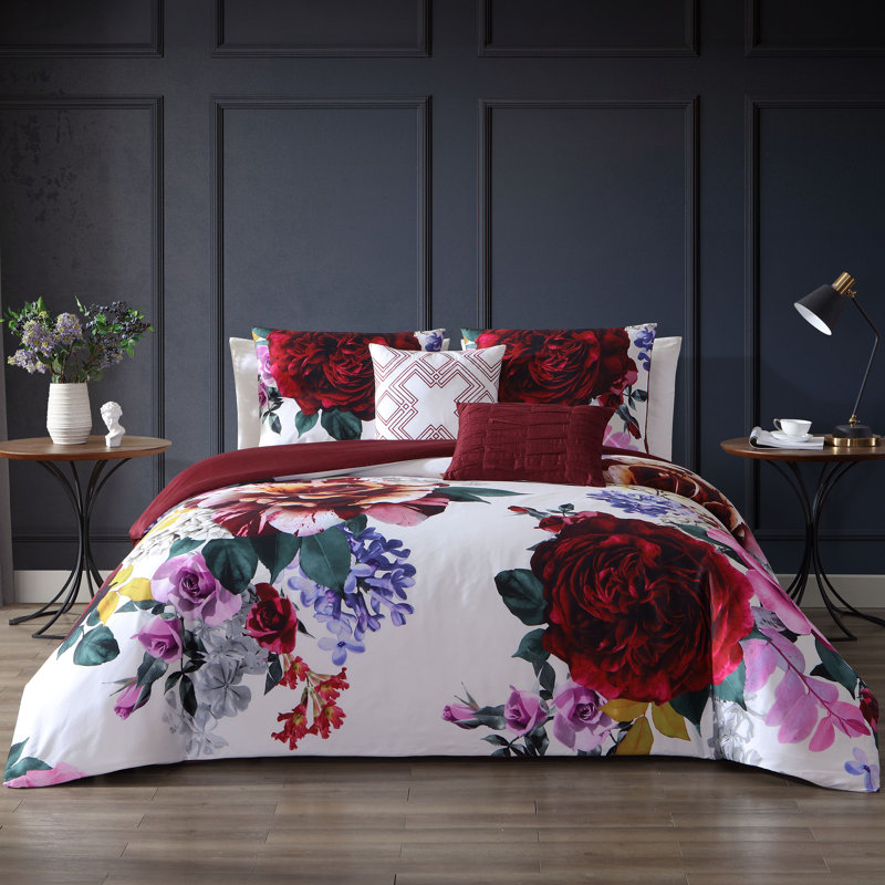 Bebejan Magenta Floral 100% Cotton Sateen 5 Piece Reversible Comforter Set, Queen Comforter + 2 Standard Shams + 2 Pillows