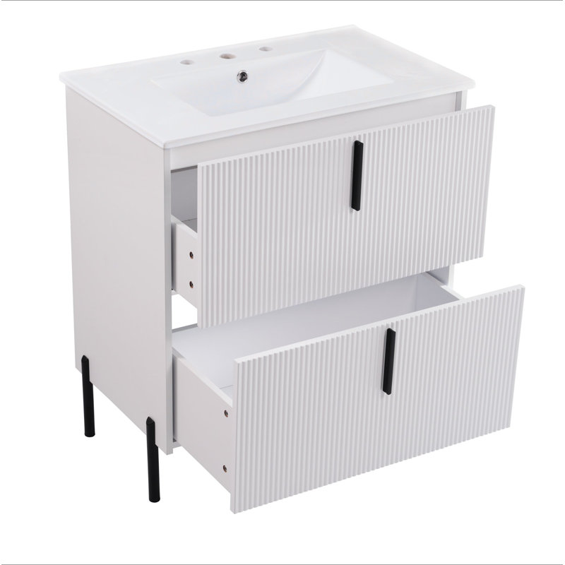 Meuble-lavabo de 30 po avec lavabo en céramique et tiroirs pleine extension, glissières de tiroir à fermeture en douceur, conception cannelée