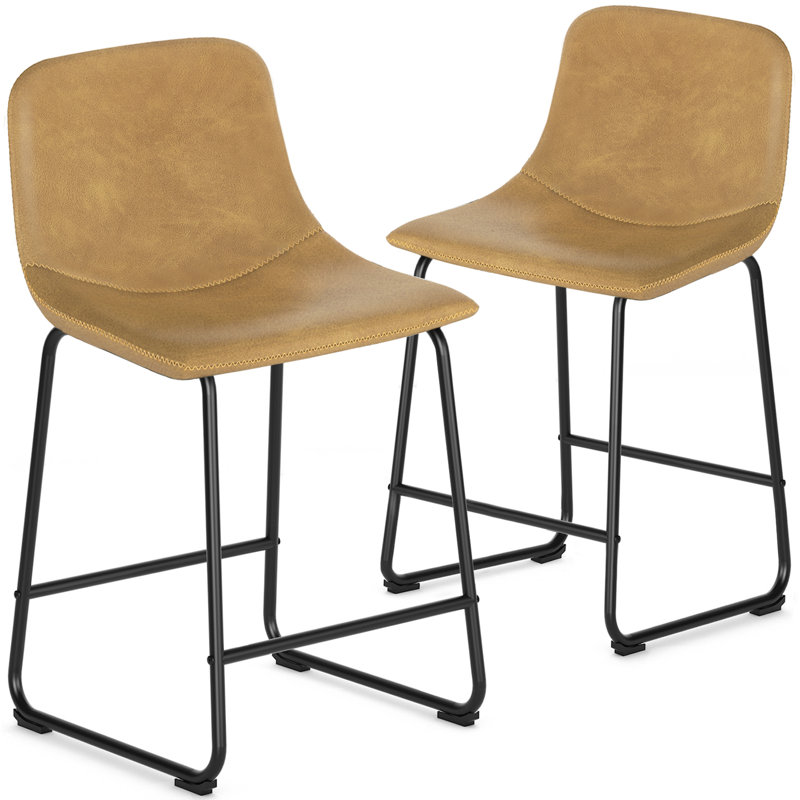 Tabourets de bar en cuir Parveena, Tabouret de comptoir (siège d'une hauteur de 24 p, Jaune, 2