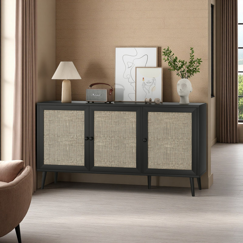 Buffet avec 3 portes en rotin, armoire de rangement moderne pour le salon de l'entrée, Noir
