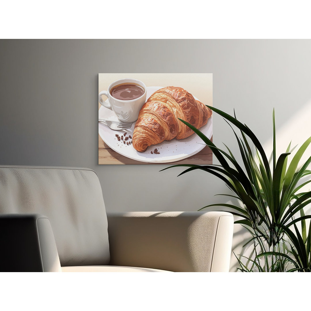 Cozy Croissant & Coffee Canvas Wall Art, Rustic Breakfast Print, French Cafe Kitchen Decor, Foodie Gift for Coffee Lovers, Modern Art