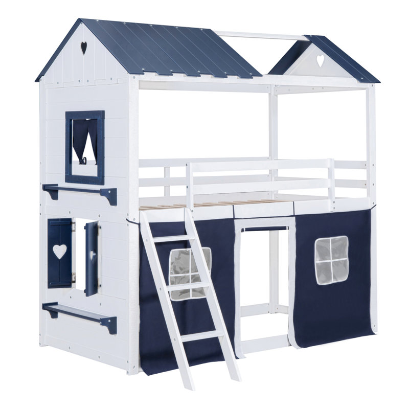 Lit simple superposé en bois avec fenêtres élégantes, rebords et tente, bleu et blanc, Blanc / Bleu