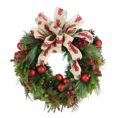 Evergreen Wreath with Berries, Ornaments and Ribbon