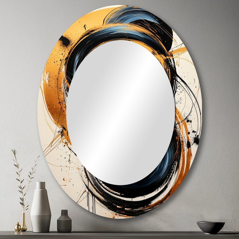 Cercle abstrait en tons de bleu et d'or I - miroir mural moderne noir ovale, 43 po x 33 po