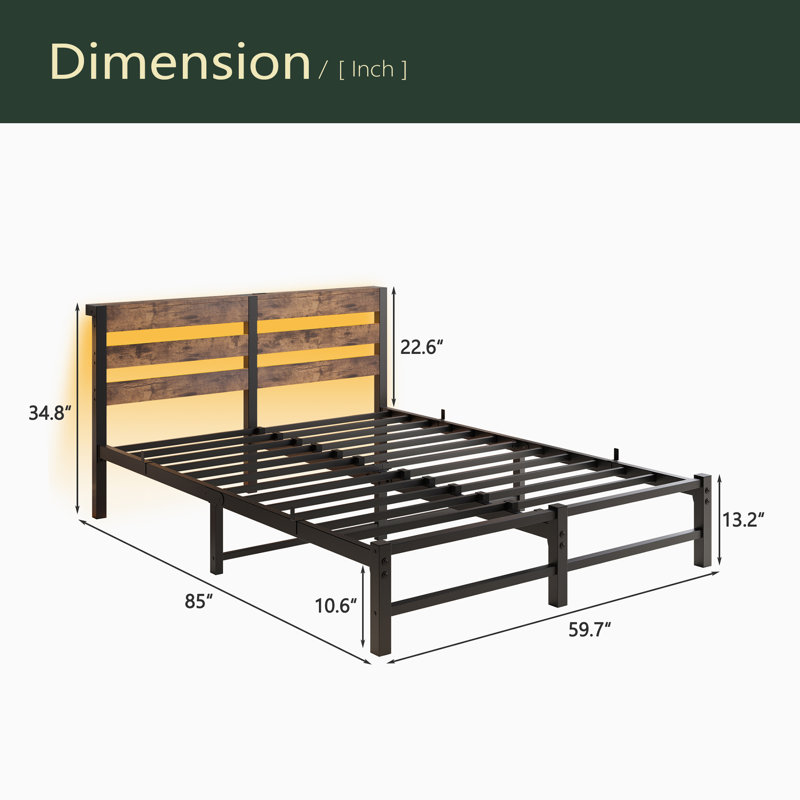 Cadre de lit grand format en métal avec tête de lit en bois, lumières RVB, chargeur, tablette de rangement, silencieux, aucun sommier nécessaire