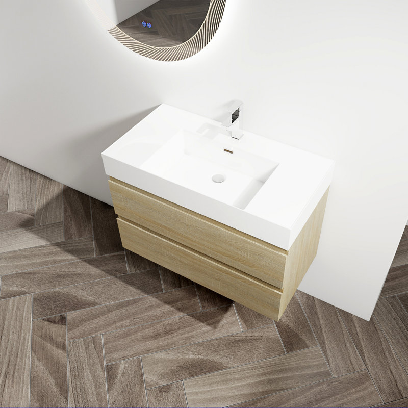Meuble-lavabo mural 36 po avec lavabo en résine et 2 tiroirs à fermeture en douceur 36 po, Chêne clair, 35"
