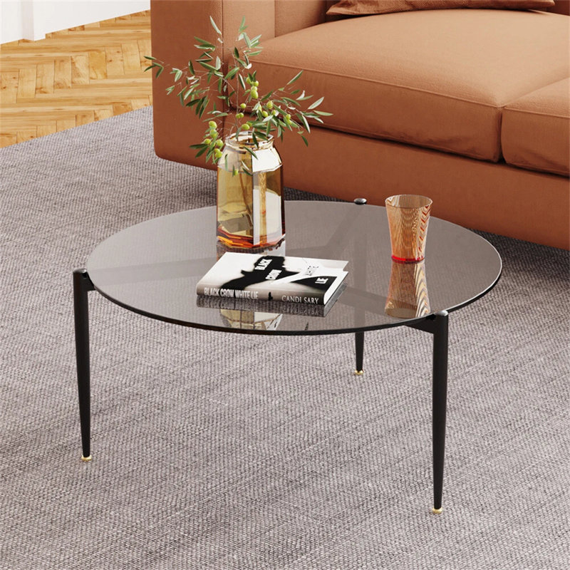 Table basse grise simple à trépied ronde, verre trempé / finition noire, gris