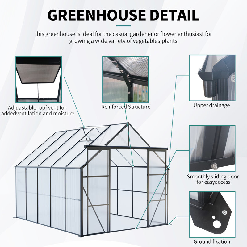 8x10FT Double Door Polycarbonate Greenhouse Raised Base and Anchor Aluminum Heavy Duty Walk-in Greenhouses for Outdoor Backyard in All Season