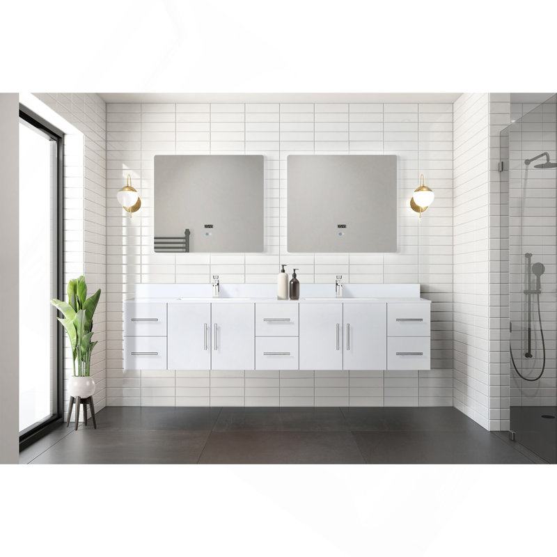 Meuble-lavabo double blanc lustré 84 po X P 22 po D, avec plateau en marbre de culture, H 19 po x l 84 po x P 22 po
