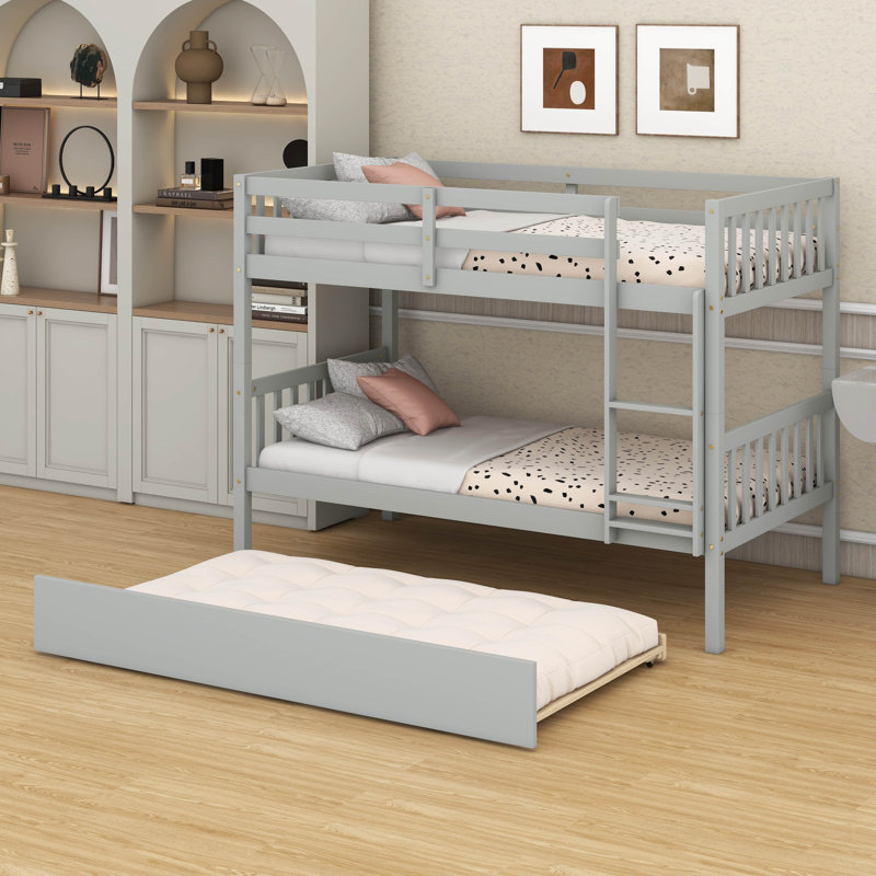 Twin Over Twin Rubber Wood Bunk Bed – Twin-Size Trundle, Ladder, Safety Guardrails & Convertible To Twin Beds, Gray